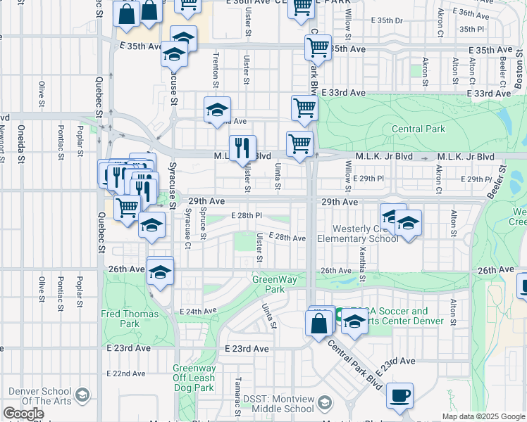 map of restaurants, bars, coffee shops, grocery stores, and more near 8169 East 28th Place in Denver