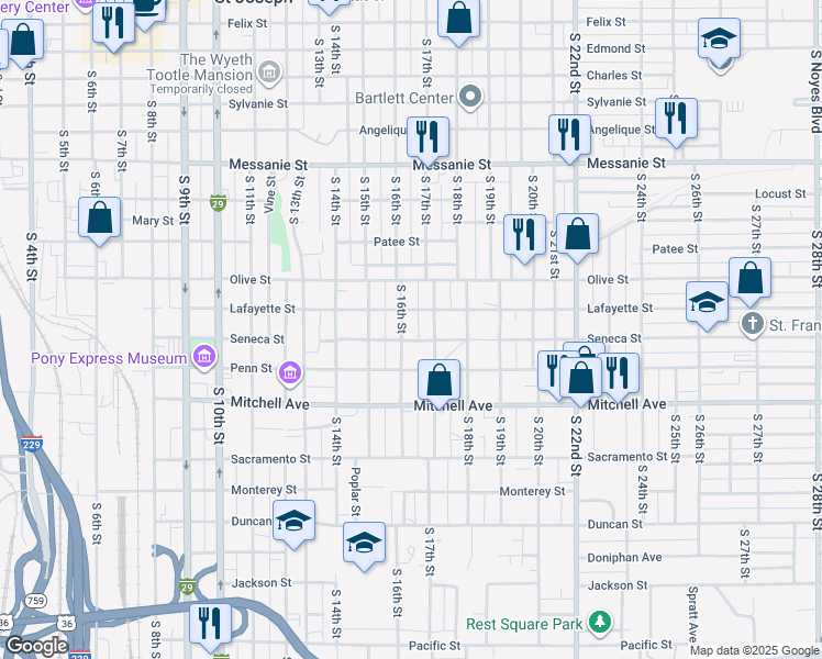 map of restaurants, bars, coffee shops, grocery stores, and more near 1015 South 16th Street in Saint Joseph