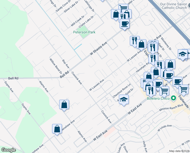 map of restaurants, bars, coffee shops, grocery stores, and more near 87 Cinder Cone Loop in Chico