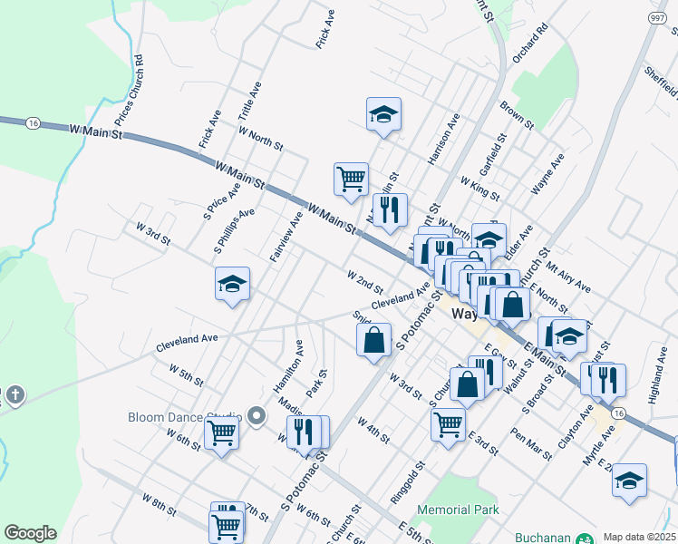 map of restaurants, bars, coffee shops, grocery stores, and more near 258 West 2nd Street in Waynesboro