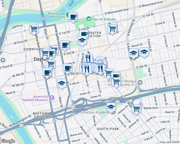 map of restaurants, bars, coffee shops, grocery stores, and more near 411 East 5th Street in Dayton