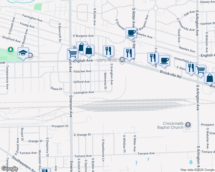map of restaurants, bars, coffee shops, grocery stores, and more near 715 Melvenia Street in Indianapolis