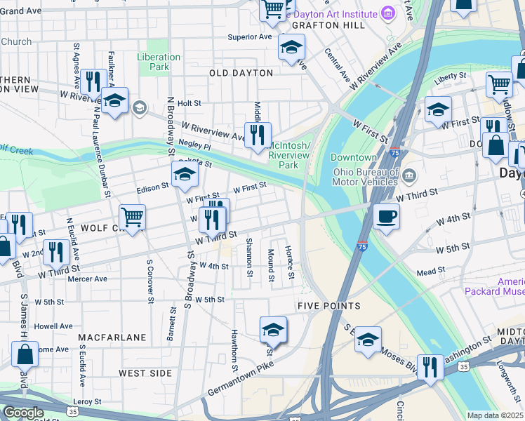 map of restaurants, bars, coffee shops, grocery stores, and more near in Dayton