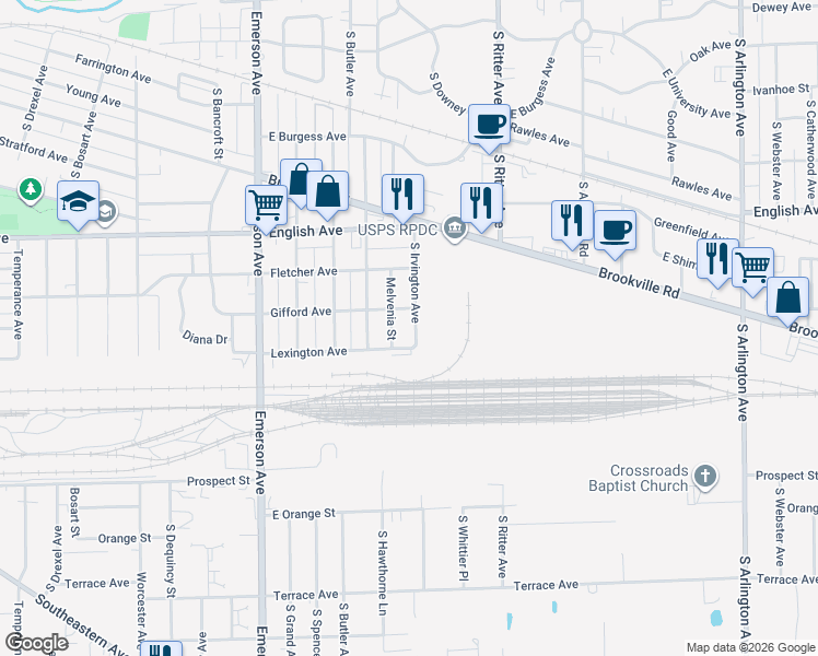 map of restaurants, bars, coffee shops, grocery stores, and more near 715 Melvenia Street in Indianapolis