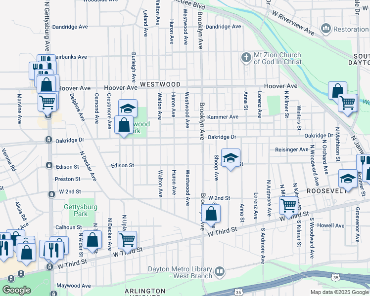 map of restaurants, bars, coffee shops, grocery stores, and more near 345 Westwood Avenue in Dayton