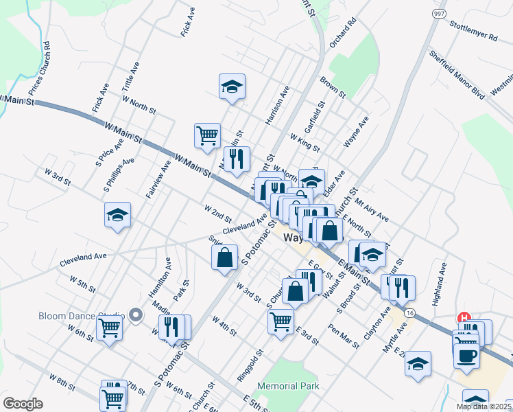 map of restaurants, bars, coffee shops, grocery stores, and more near 138 West Main Street in Waynesboro