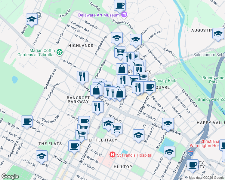 map of restaurants, bars, coffee shops, grocery stores, and more near 1316 North Union Street in Wilmington