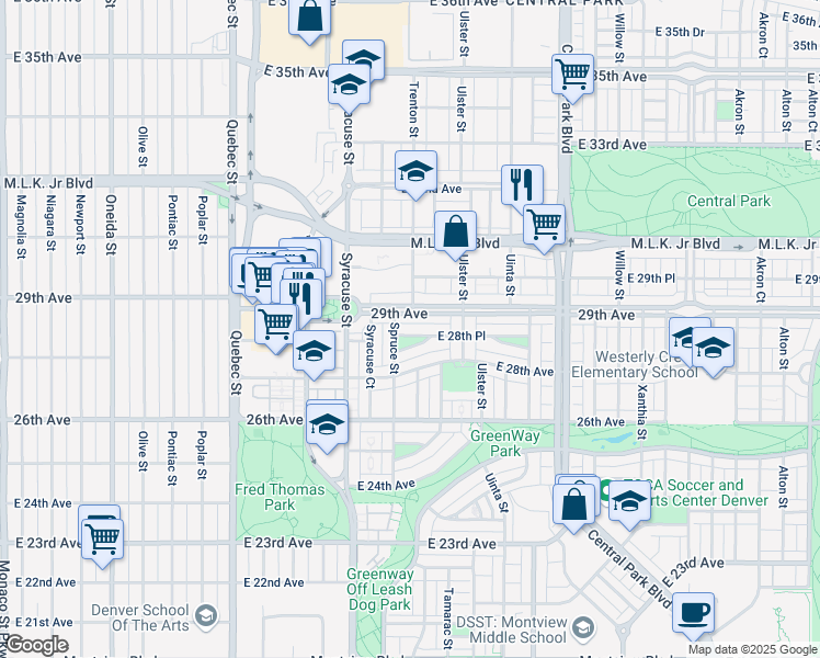 map of restaurants, bars, coffee shops, grocery stores, and more near 7859 28th Place in Denver