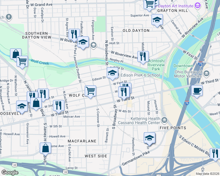 map of restaurants, bars, coffee shops, grocery stores, and more near 117 North Broadway Street in Dayton