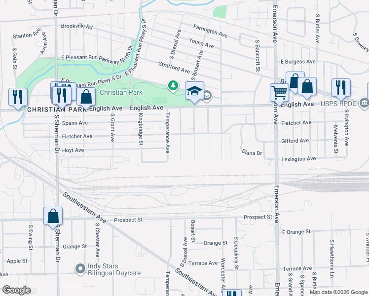 map of restaurants, bars, coffee shops, grocery stores, and more near 727 South Drexel Avenue in Indianapolis