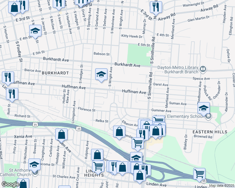 map of restaurants, bars, coffee shops, grocery stores, and more near 1428 Huffman Avenue in Dayton