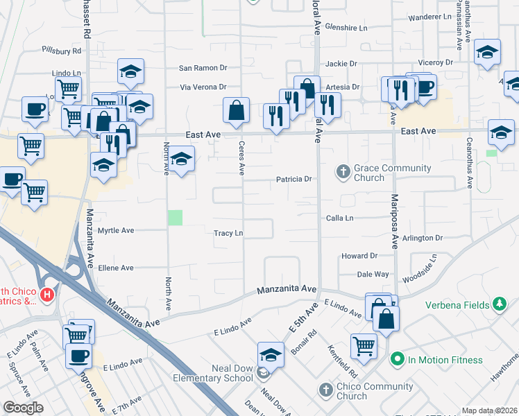 map of restaurants, bars, coffee shops, grocery stores, and more near 1165 Ceres Manor Court in Chico