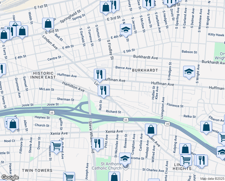 map of restaurants, bars, coffee shops, grocery stores, and more near 112 Davis Avenue in Dayton