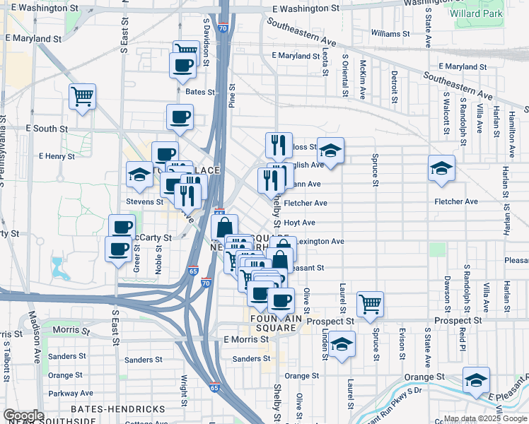 map of restaurants, bars, coffee shops, grocery stores, and more near 1029 Fletcher Avenue in Indianapolis