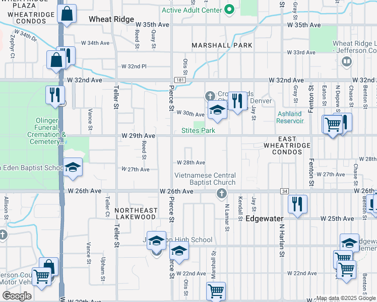 map of restaurants, bars, coffee shops, grocery stores, and more near 2835 Newland Court in Wheat Ridge