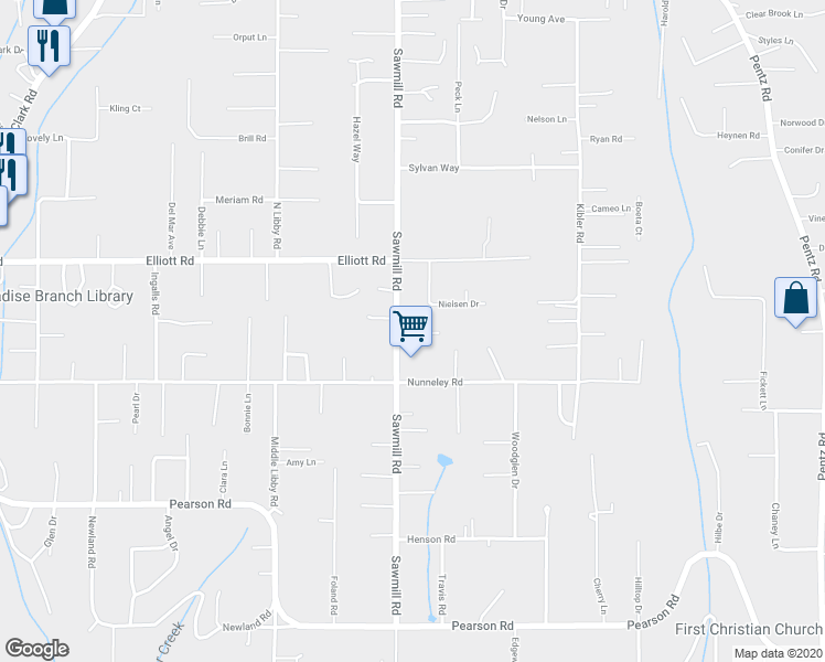 map of restaurants, bars, coffee shops, grocery stores, and more near 5802 Sawmill Road in Paradise