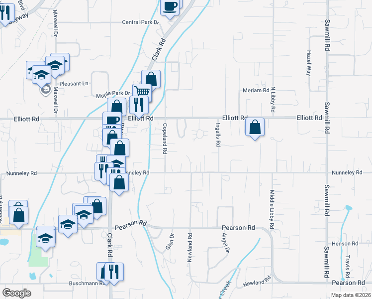 map of restaurants, bars, coffee shops, grocery stores, and more near 5800 Copeland Road in Paradise