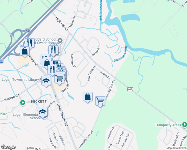 map of restaurants, bars, coffee shops, grocery stores, and more near 22 Dover Place in Logan Township