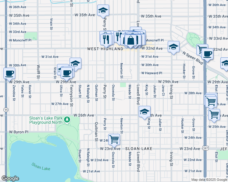 map of restaurants, bars, coffee shops, grocery stores, and more near 2800 Osceola Street in Denver
