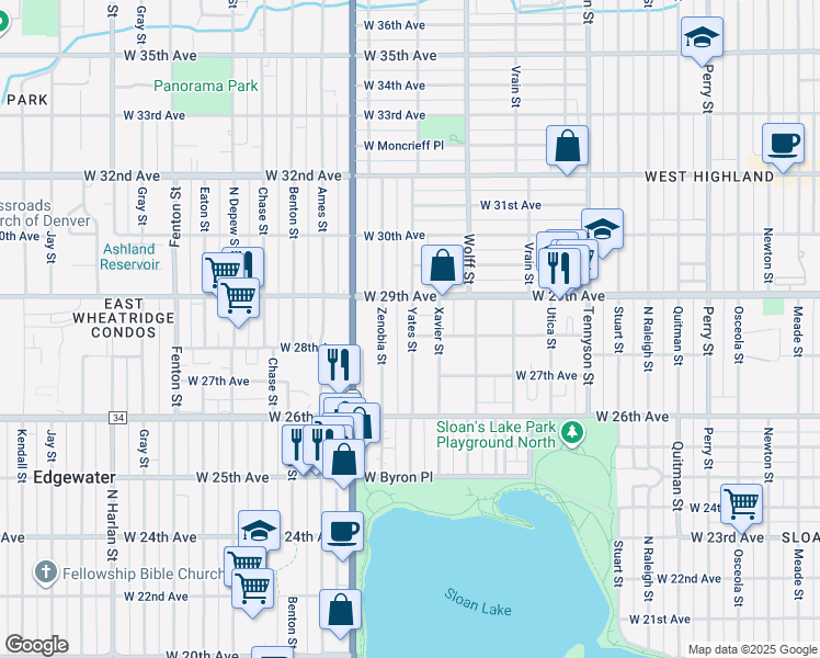 map of restaurants, bars, coffee shops, grocery stores, and more near 2801 Yates Street in Denver