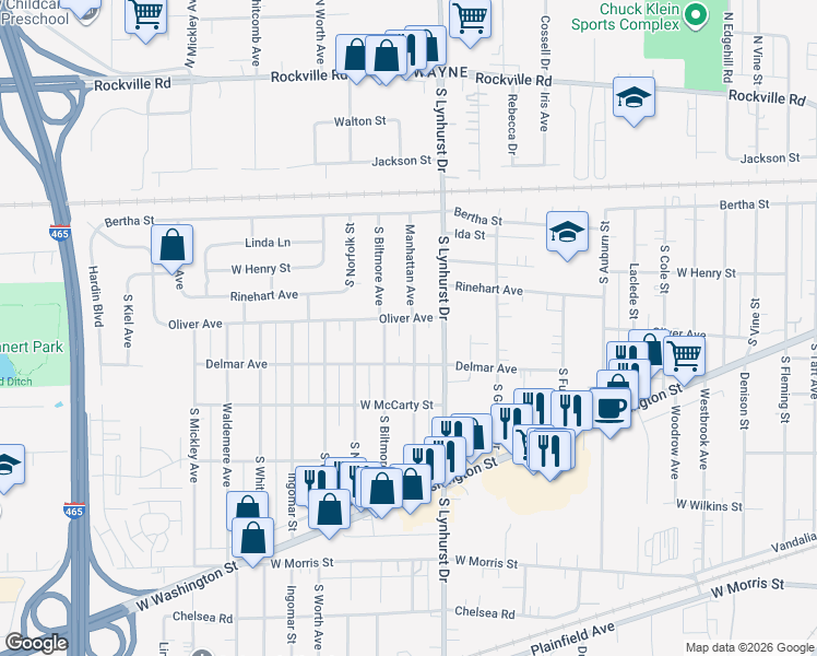 map of restaurants, bars, coffee shops, grocery stores, and more near 606 Manhattan Avenue in Indianapolis