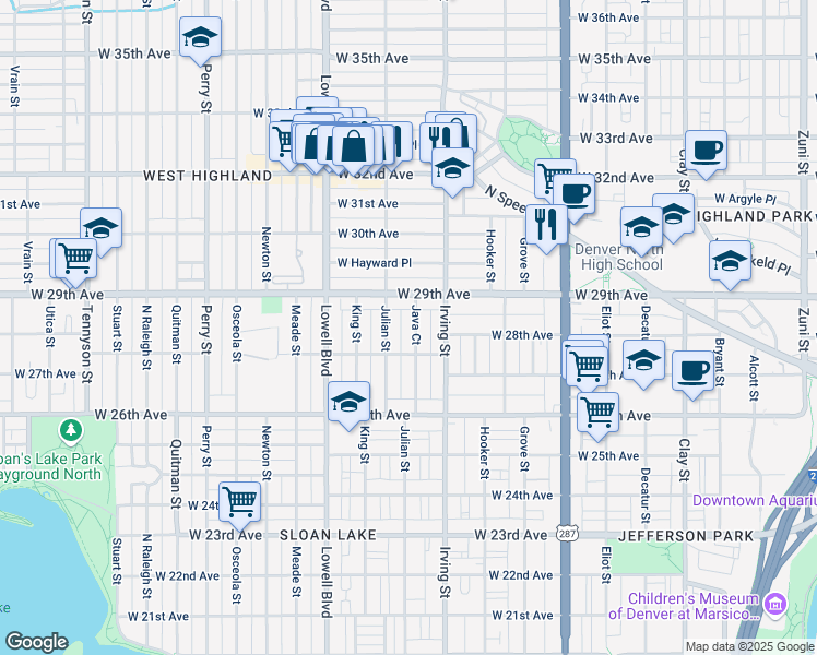 map of restaurants, bars, coffee shops, grocery stores, and more near 2743 Java Court in Denver