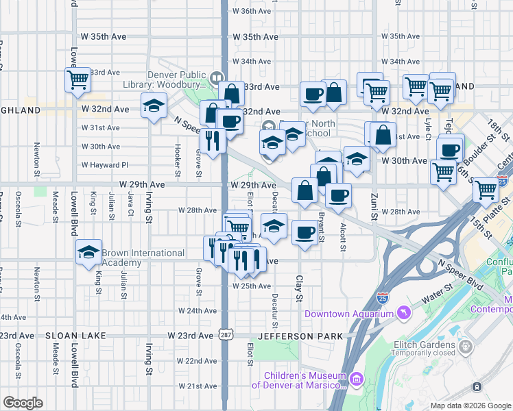 map of restaurants, bars, coffee shops, grocery stores, and more near 2811 West 28th Avenue in Denver
