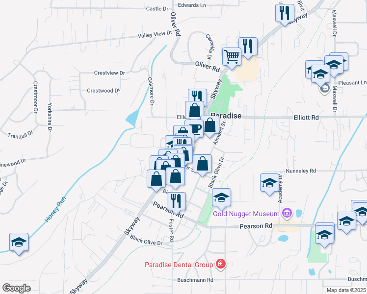 map of restaurants, bars, coffee shops, grocery stores, and more near 6333 Skyway in Paradise