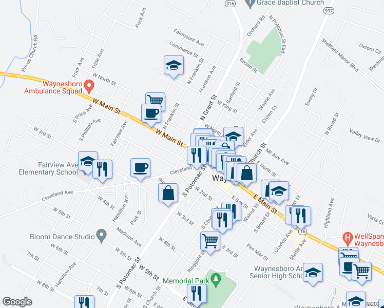 map of restaurants, bars, coffee shops, grocery stores, and more near 138 Buchanan Trail East in Waynesboro