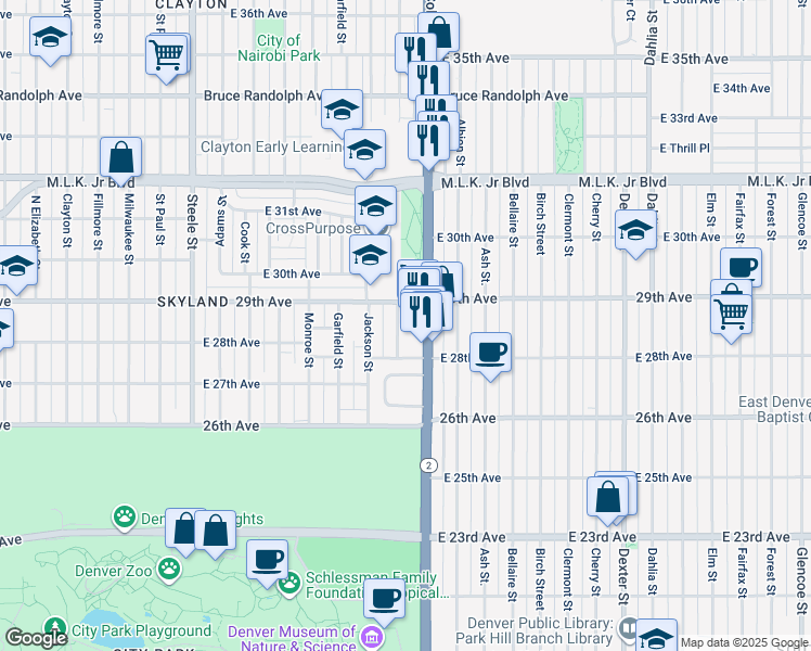 map of restaurants, bars, coffee shops, grocery stores, and more near 2850 Harrison Street in Denver
