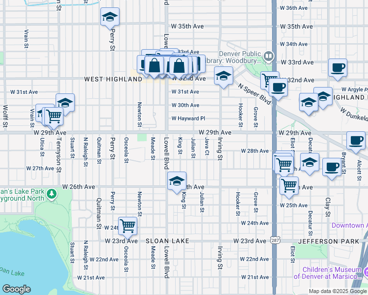 map of restaurants, bars, coffee shops, grocery stores, and more near 2744 King Street in Denver