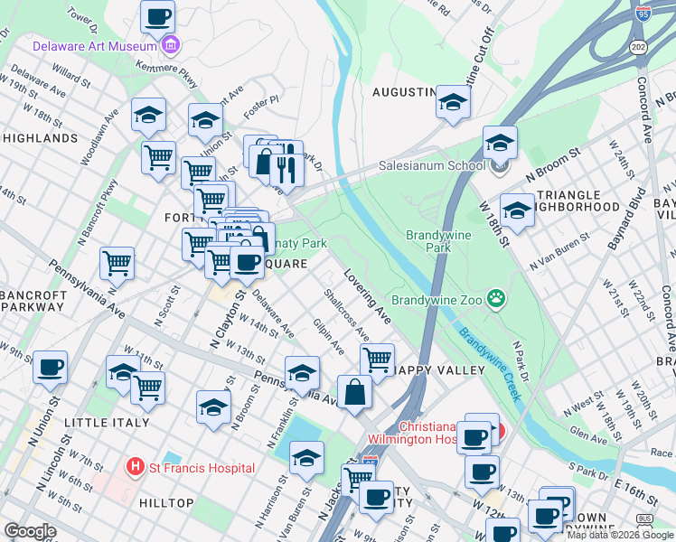 map of restaurants, bars, coffee shops, grocery stores, and more near 1402 Lovering Avenue in Wilmington