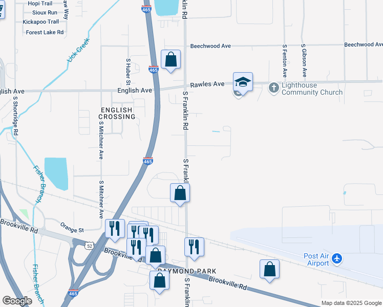 map of restaurants, bars, coffee shops, grocery stores, and more near 815 South Franklin Road in Indianapolis