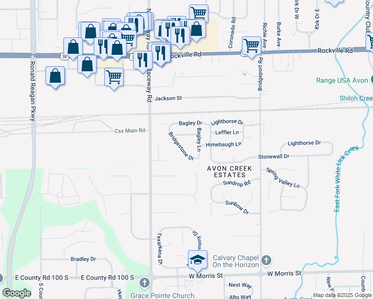 map of restaurants, bars, coffee shops, grocery stores, and more near 519 Bridgestone Drive in Indianapolis