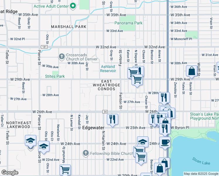 map of restaurants, bars, coffee shops, grocery stores, and more near 2841 Gray Street in Wheat Ridge
