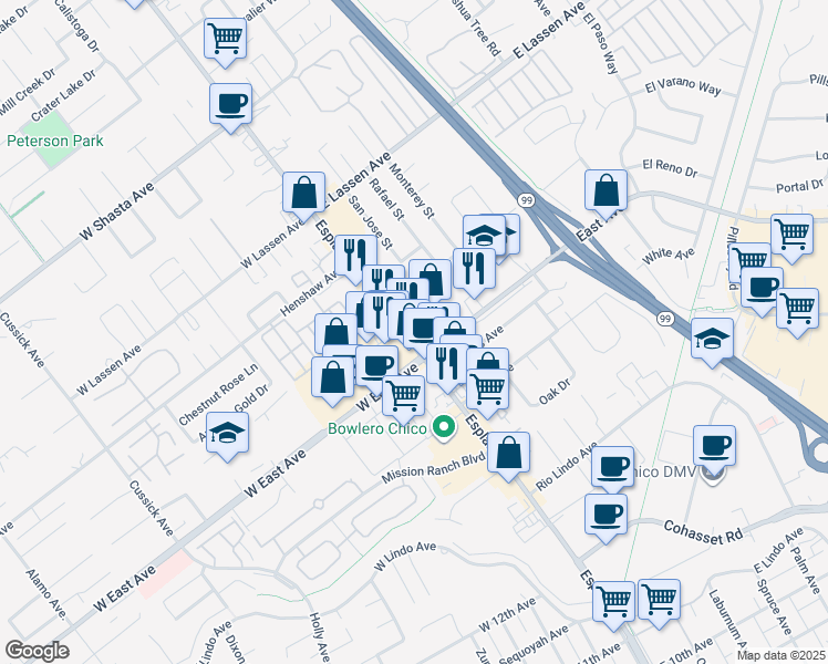 map of restaurants, bars, coffee shops, grocery stores, and more near 2542 Esplanade in Chico