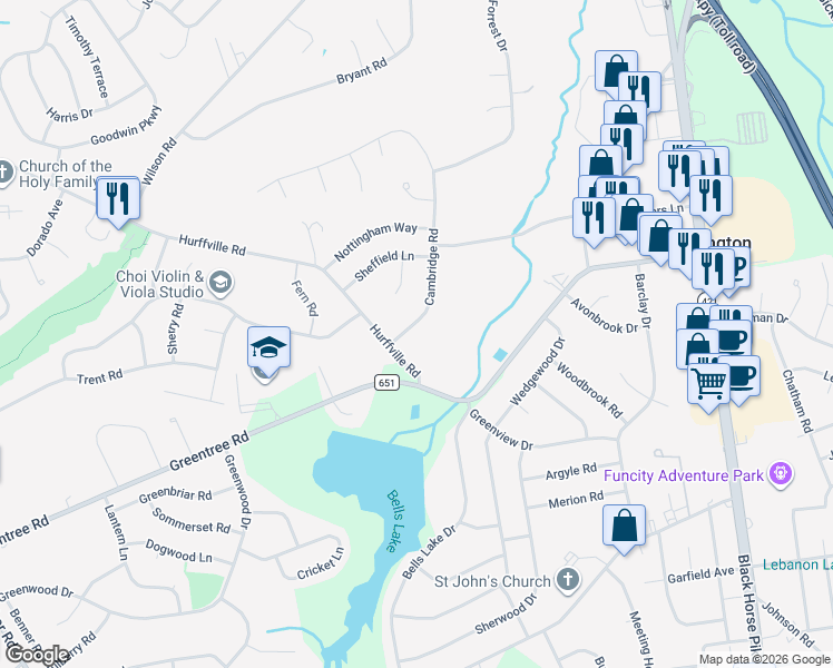 map of restaurants, bars, coffee shops, grocery stores, and more near 7 Cambridge Road in Washington Township