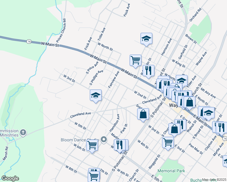 map of restaurants, bars, coffee shops, grocery stores, and more near 134 Ridge Avenue in Waynesboro