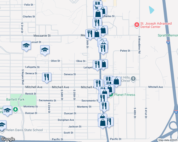 map of restaurants, bars, coffee shops, grocery stores, and more near 1023 South 36th Street in Saint Joseph