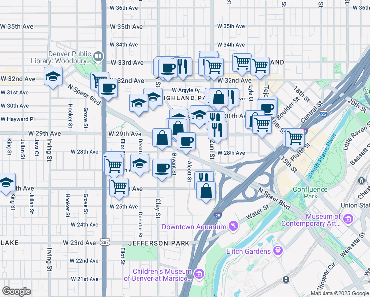 map of restaurants, bars, coffee shops, grocery stores, and more near 2794 Speer Boulevard in Denver