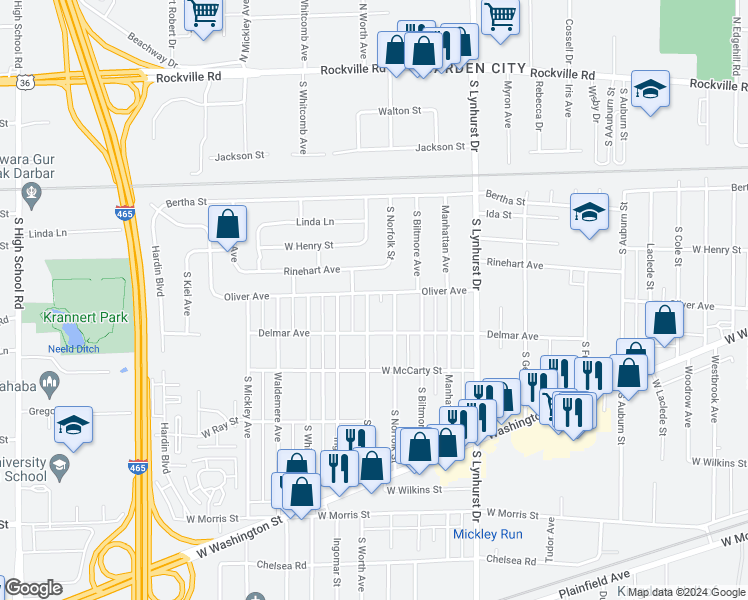 map of restaurants, bars, coffee shops, grocery stores, and more near 607 South Worth Avenue in Indianapolis
