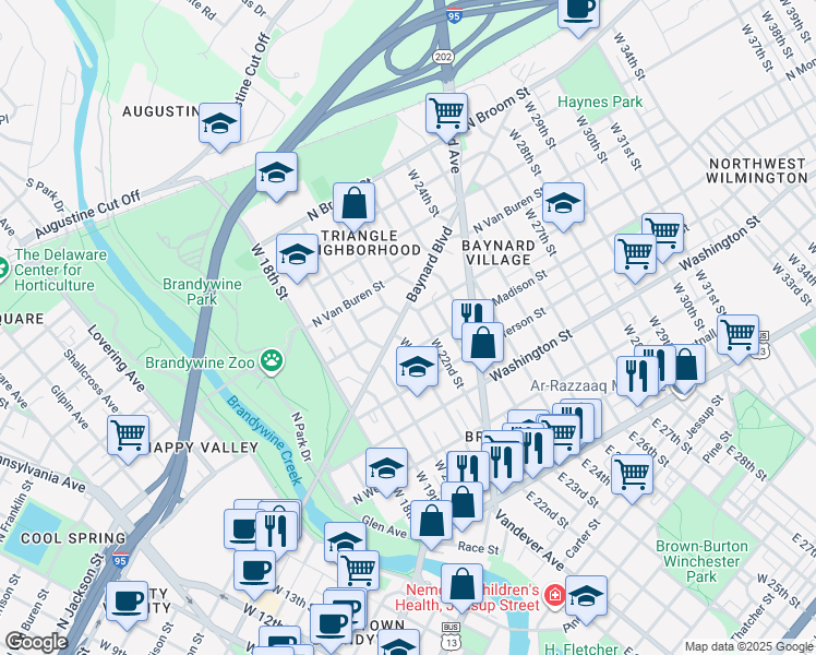 map of restaurants, bars, coffee shops, grocery stores, and more near 2102 Baynard Boulevard in Wilmington