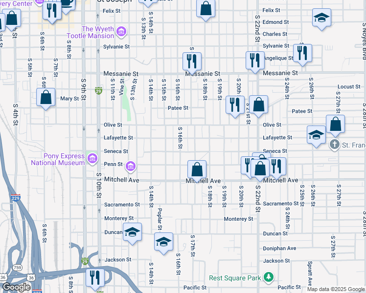 map of restaurants, bars, coffee shops, grocery stores, and more near 1015 South 16th Street in Saint Joseph