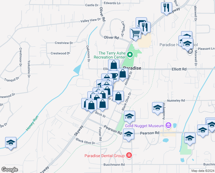 map of restaurants, bars, coffee shops, grocery stores, and more near 6333 Skyway in Paradise