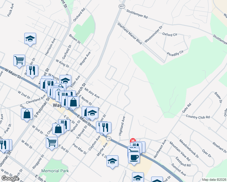 map of restaurants, bars, coffee shops, grocery stores, and more near 244 North Broad Street in Waynesboro