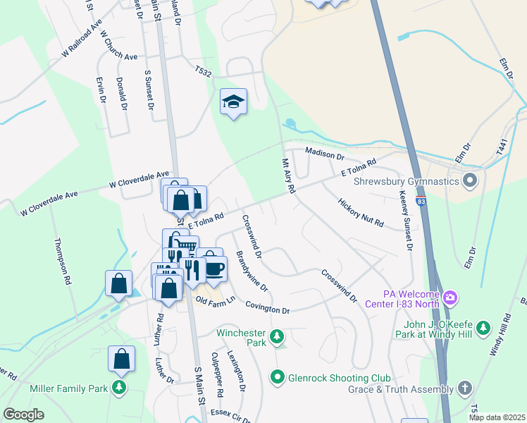 map of restaurants, bars, coffee shops, grocery stores, and more near 249 E Tolna Rd in Shrewsbury