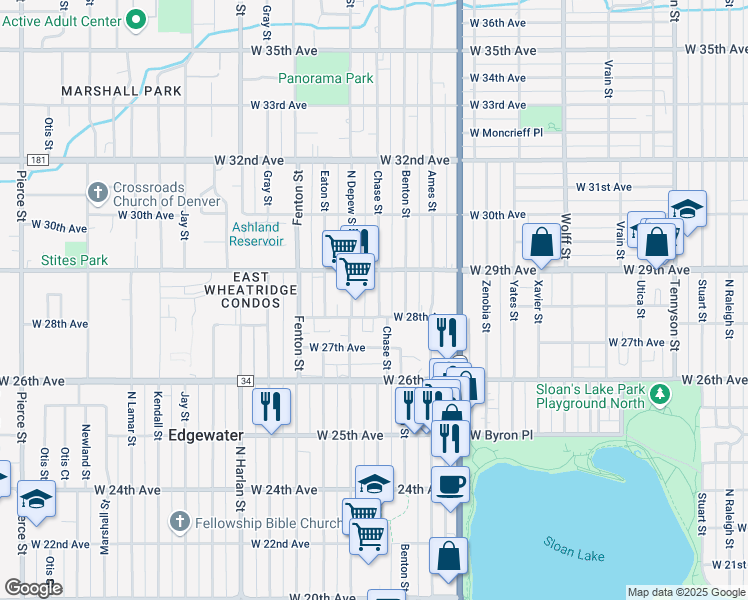 map of restaurants, bars, coffee shops, grocery stores, and more near 2829 Chase Street in Wheat Ridge