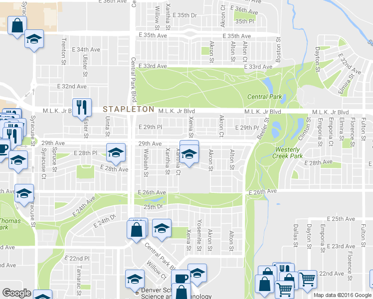 map of restaurants, bars, coffee shops, grocery stores, and more near 8770 East 29th Avenue in Denver