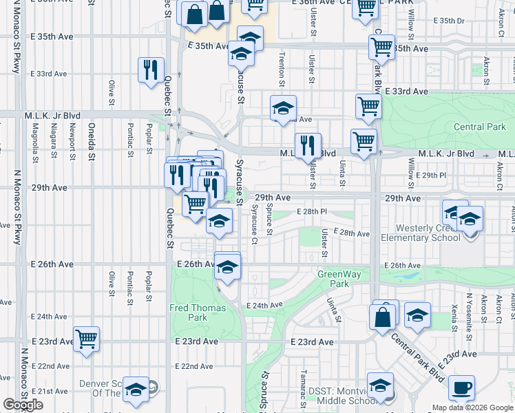 map of restaurants, bars, coffee shops, grocery stores, and more near 2874 Syracuse Court in Denver