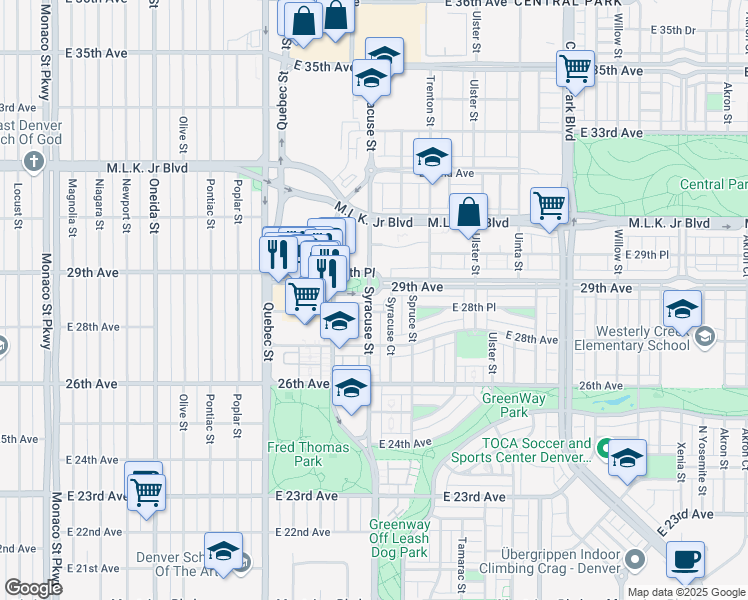 map of restaurants, bars, coffee shops, grocery stores, and more near 7500 East 29th Avenue in Denver